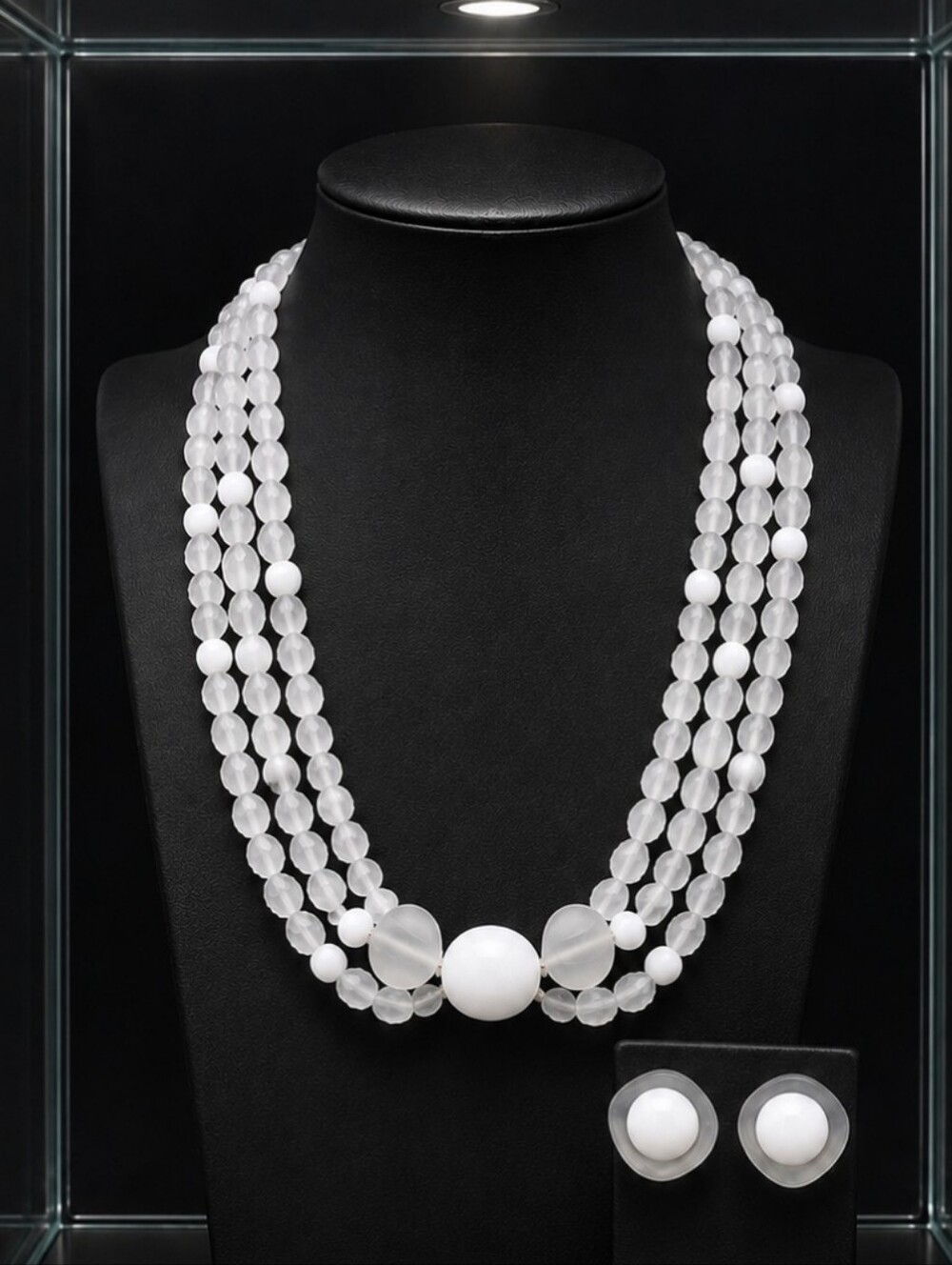 Lucite Frosted Chunky White Clear PLASTIC Molded Beads Vintage Necklace Earrings